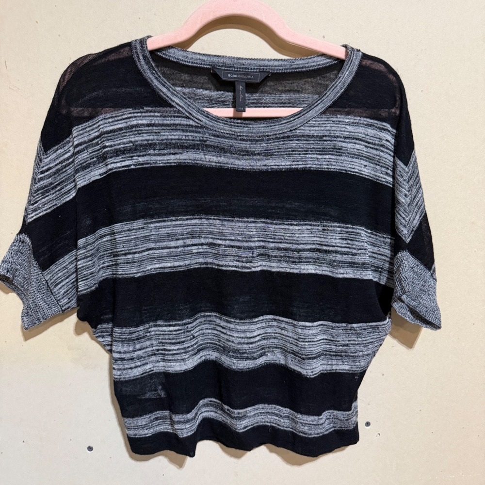 BCBGMAXAZRIA Camille Striped Knit Top Black Grey Linen Blend XXS